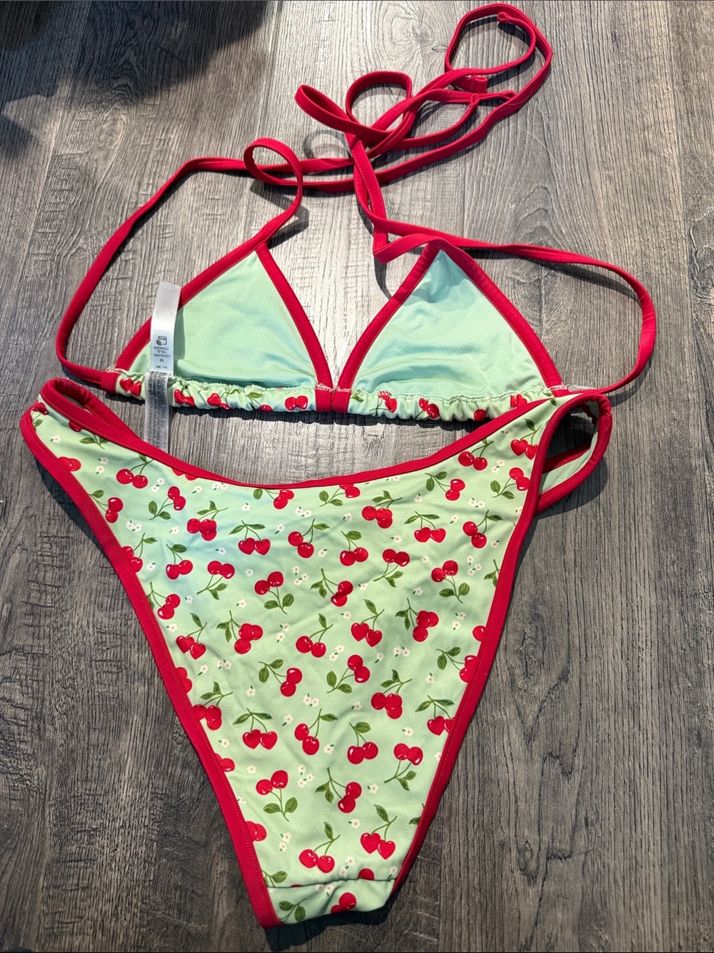 Frankie's Bikinis Cherry Print Triangle Bikini - Mint with Red Trim - Picture 2 of 3